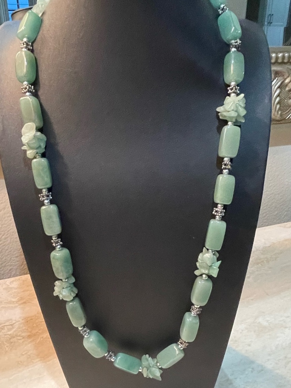 Vintage Green Rose Carved Statement Necklace Boho Silver Bead Block